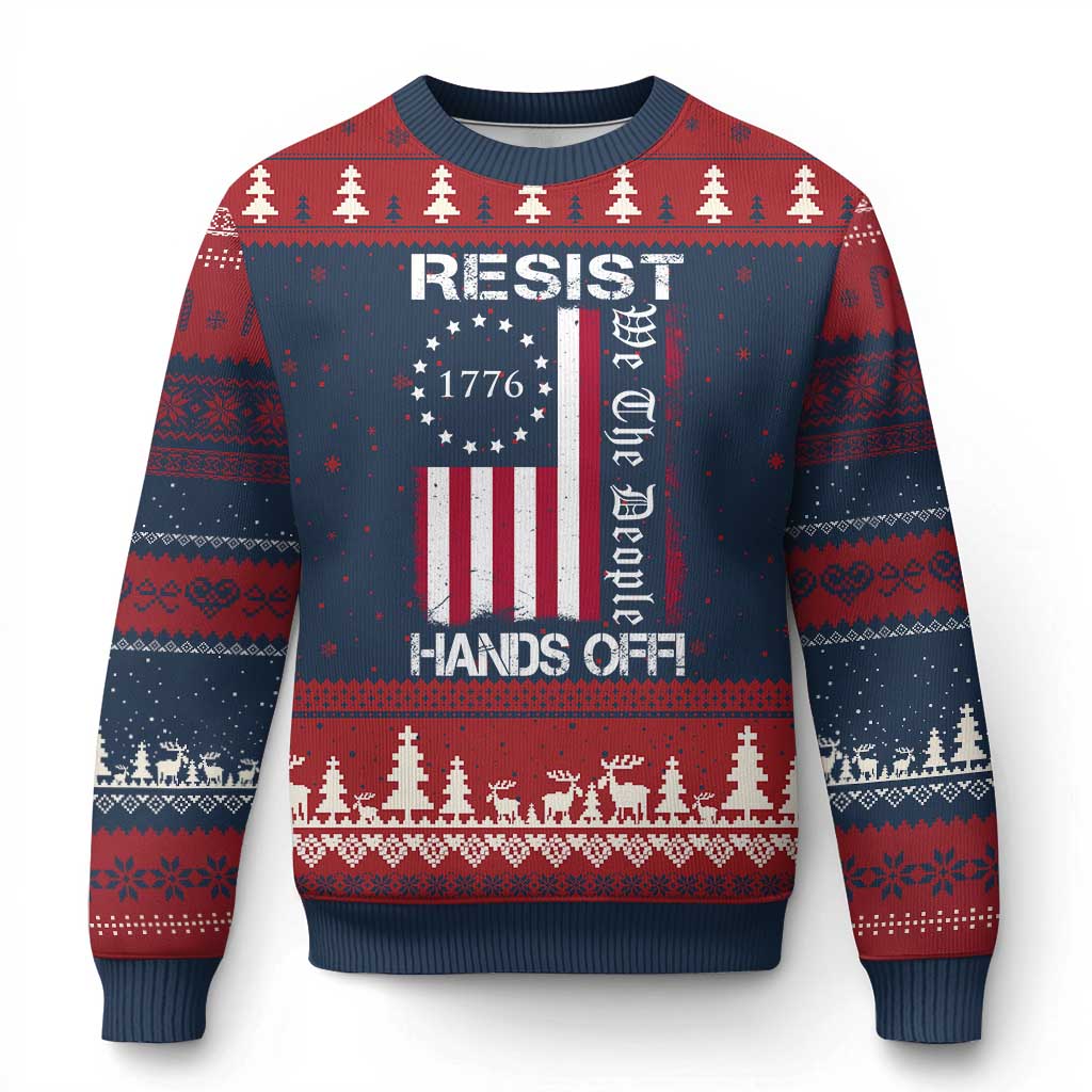 Resist Hands Off Ugly Christmas Sweater Vintage American Betsy Ross Flag We The People TS02 Navy Red Print Your Wear
