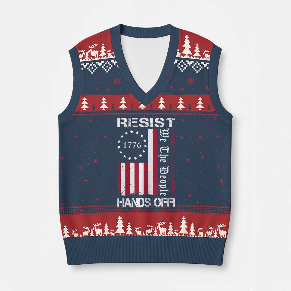 Resist Hands Off V-Neck Knit Sweater Vest Vintage American Betsy Ross Flag We The People TS02 Navy Red Print Your Wear
