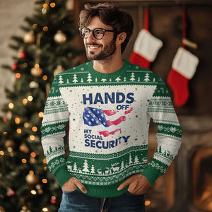 Hands Off My Social Security Ugly Christmas Sweater Patriotic USA Retirement Protection American Flag TS02 Beige Green Print Your Wear