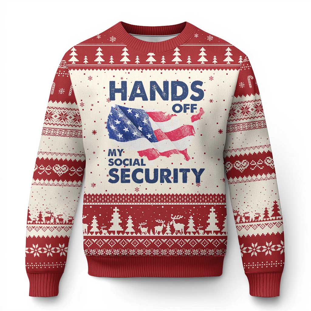 Hands Off My Social Security Ugly Christmas Sweater Patriotic USA Retirement Protection American Flag TS02 Beige Red Print Your Wear