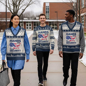 Hands Off My Social Security V-Neck Knit Sweater Vest Patriotic USA Retirement Protection American Flag TS02 Beige Navy Print Your Wear
