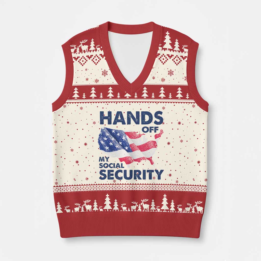 Hands Off My Social Security V-Neck Knit Sweater Vest Patriotic USA Retirement Protection American Flag TS02 Beige Red Print Your Wear