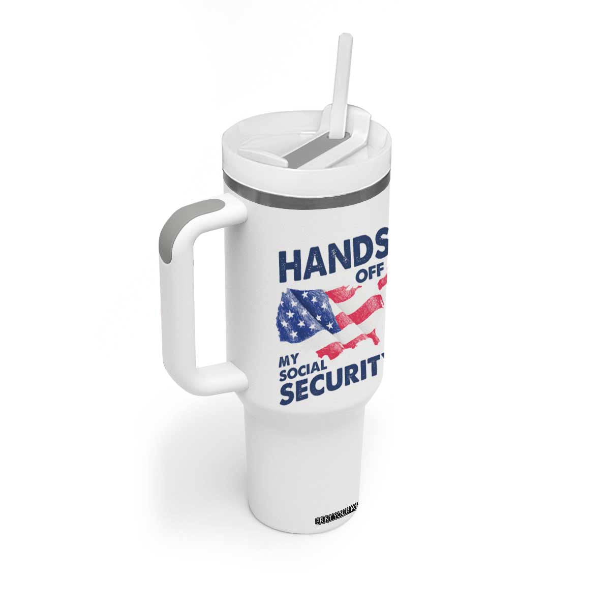 Hands Off My Social Security Tumbler With Handle Patriotic USA Retirement Protection American Flag TS02 Print Your Wear