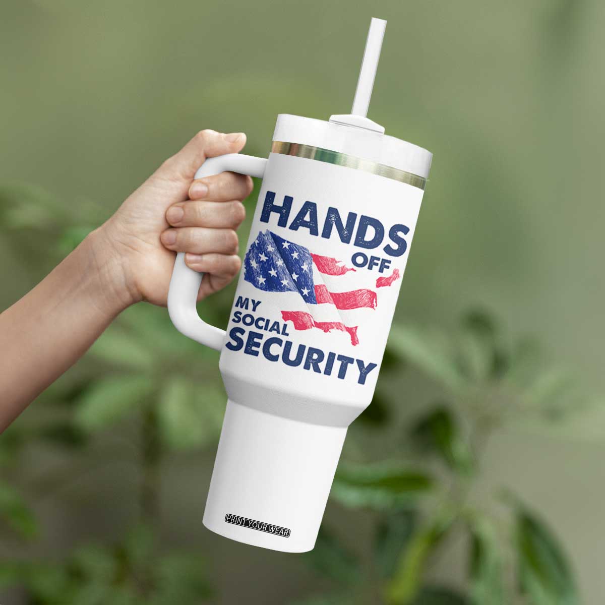 Hands Off My Social Security Tumbler With Handle Patriotic USA Retirement Protection American Flag TS02 Print Your Wear
