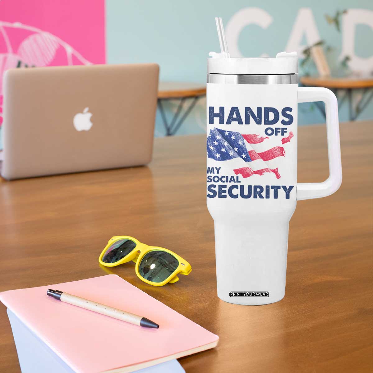 Hands Off My Social Security Tumbler With Handle Patriotic USA Retirement Protection American Flag TS02 Print Your Wear