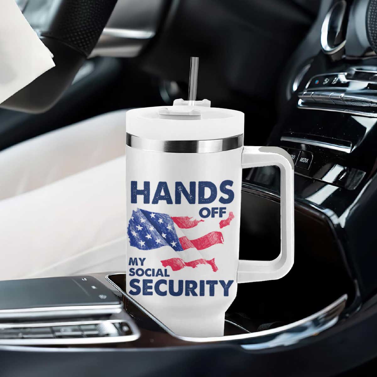 Hands Off My Social Security Tumbler With Handle Patriotic USA Retirement Protection American Flag TS02 Print Your Wear