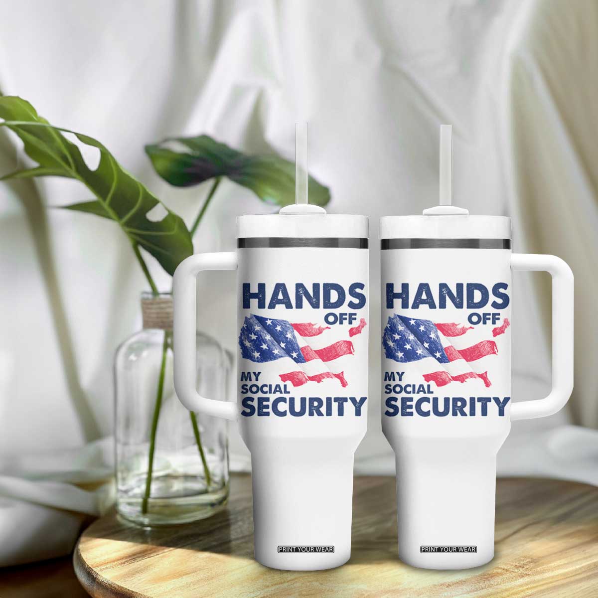 Hands Off My Social Security Tumbler With Handle Patriotic USA Retirement Protection American Flag TS02 Print Your Wear