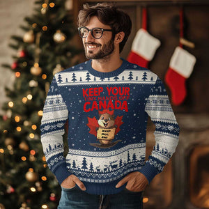 Keep Your Tiny Hands Off Canada Ugly Christmas Sweater Not For Sale Canadian Maple Leaf Beaver TS02 Navy Beige Print Your Wear