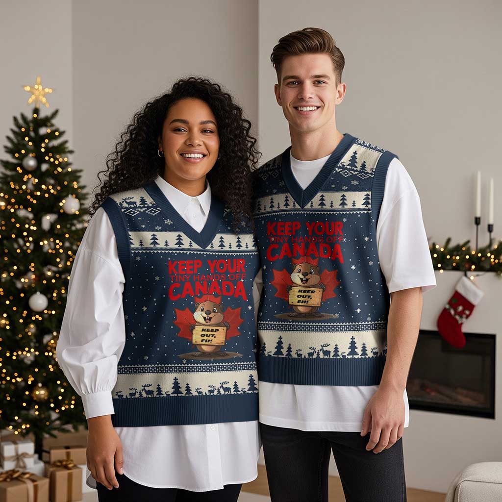 Keep Your Tiny Hands Off Canada V-Neck Knit Sweater Vest Not For Sale Canadian Maple Leaf Beaver TS02 Navy Beige Print Your Wear