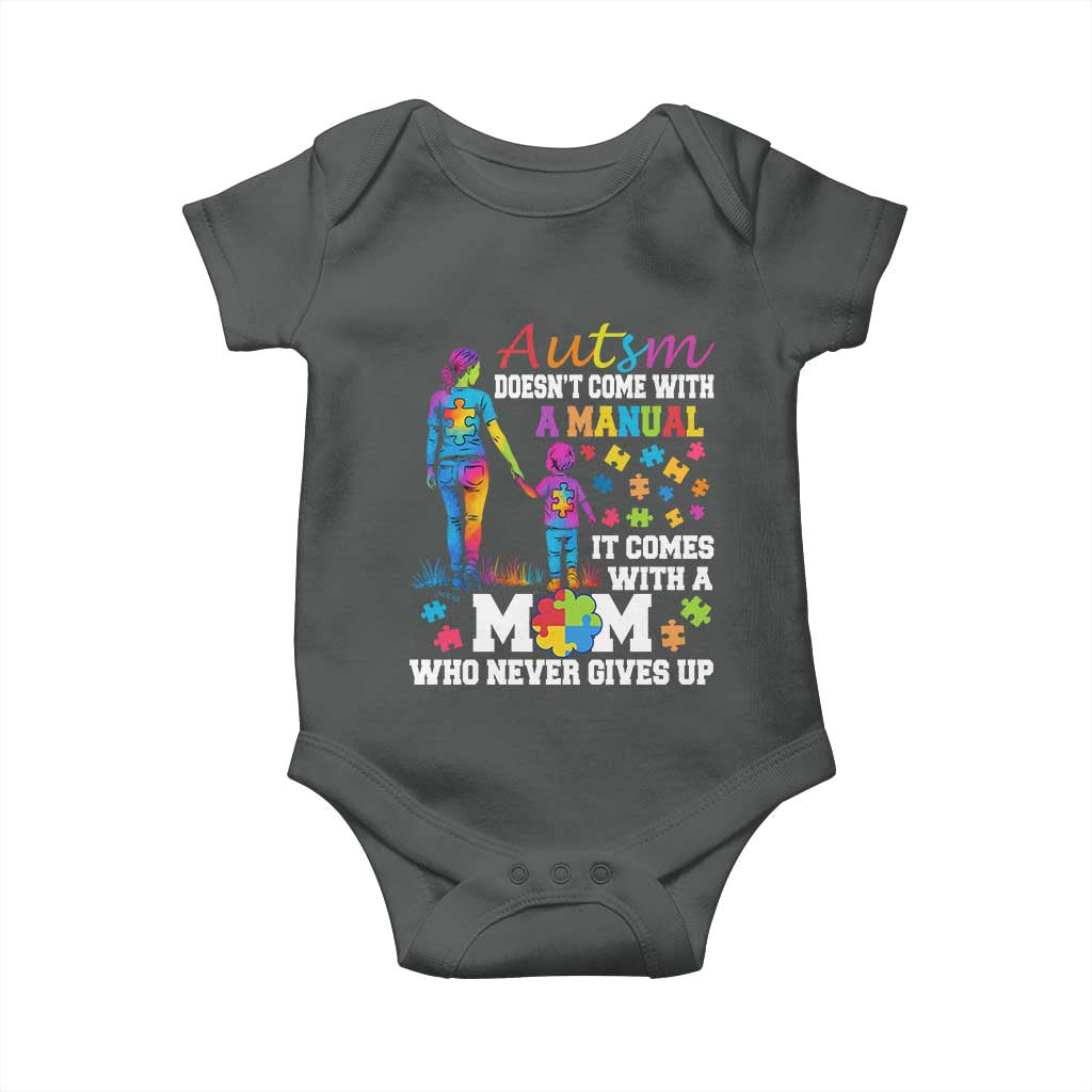 Autism Mom Baby Onesie Who Never Gives Up Family Support Autistic TS02 Dark Heather Print Your Wear