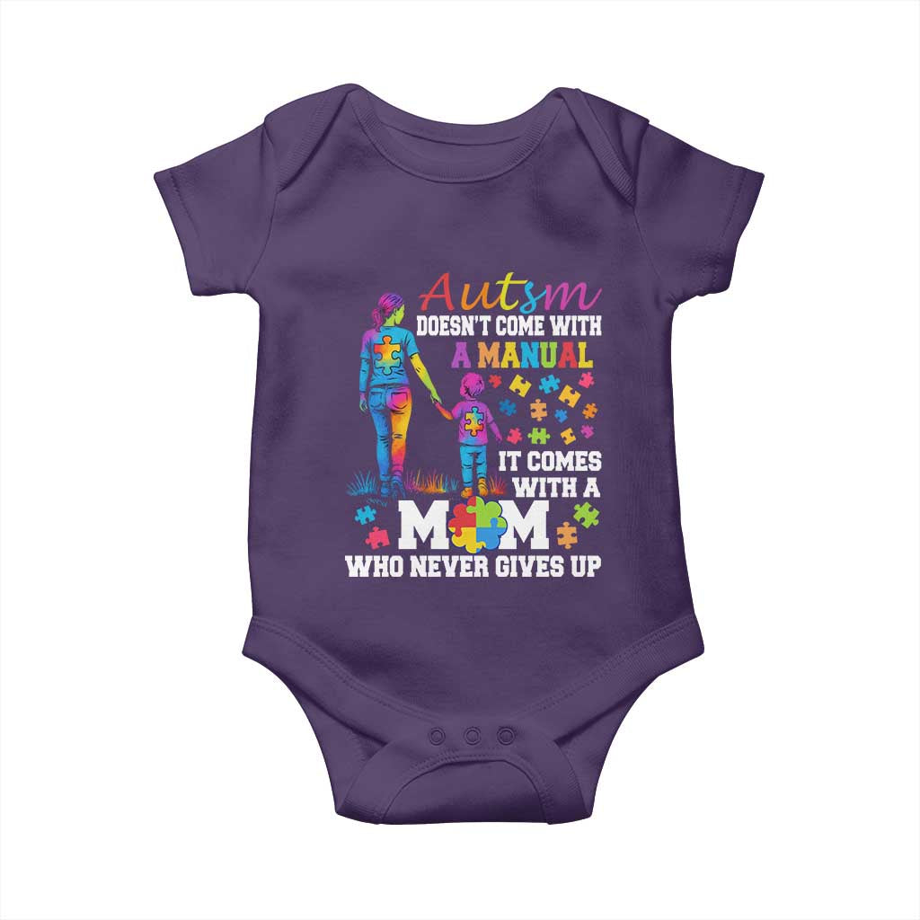 Autism Mom Baby Onesie Who Never Gives Up Family Support Autistic TS02 Purple Print Your Wear