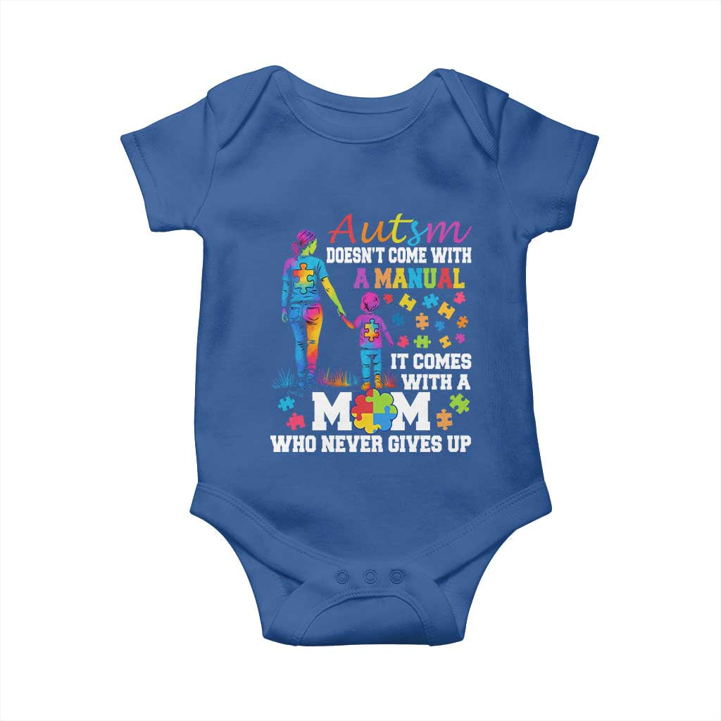 Autism Mom Baby Onesie Who Never Gives Up Family Support Autistic TS02 Royal Blue Print Your Wear
