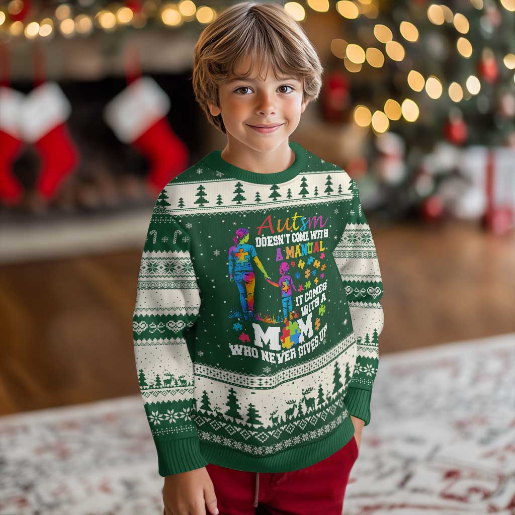 Autism Mom Ugly Christmas Sweater Who Never Gives Up Family Support Autistic TS02 Forest Green Beige Print Your Wear