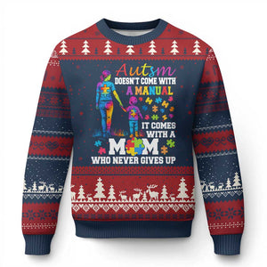Autism Mom Ugly Christmas Sweater Who Never Gives Up Family Support Autistic TS02 Navy Red Print Your Wear