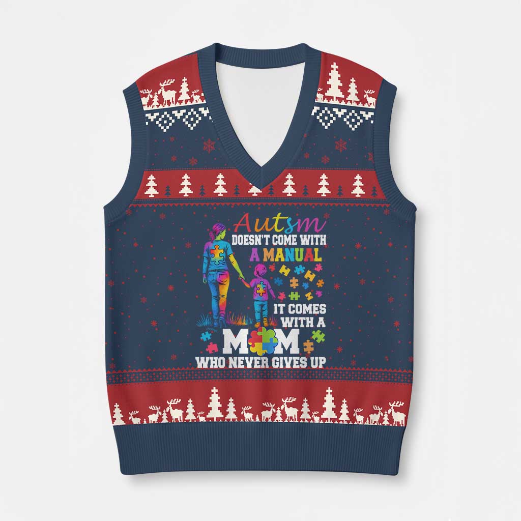 Autism Mom V-Neck Knit Sweater Vest Who Never Gives Up Family Support Autistic TS02 Navy Red Print Your Wear