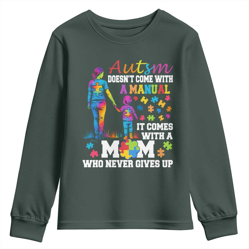Autism Mom Youth Sweatshirt Who Never Gives Up Family Support Autistic TS02 Dark Forest Green Print Your Wear