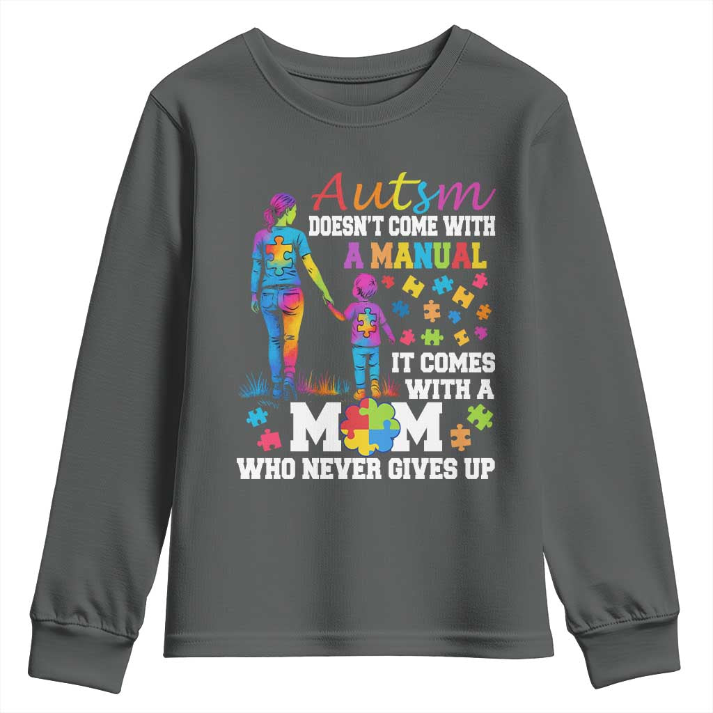 Autism Mom Youth Sweatshirt Who Never Gives Up Family Support Autistic TS02 Dark Heather Print Your Wear