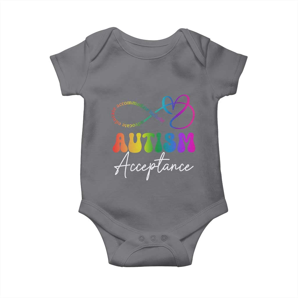 Autism Acceptance Baby Onesie Advocate Educate Accomodate Include Rainbow Infinity Symbol TS02 Charcoal Print Your Wear