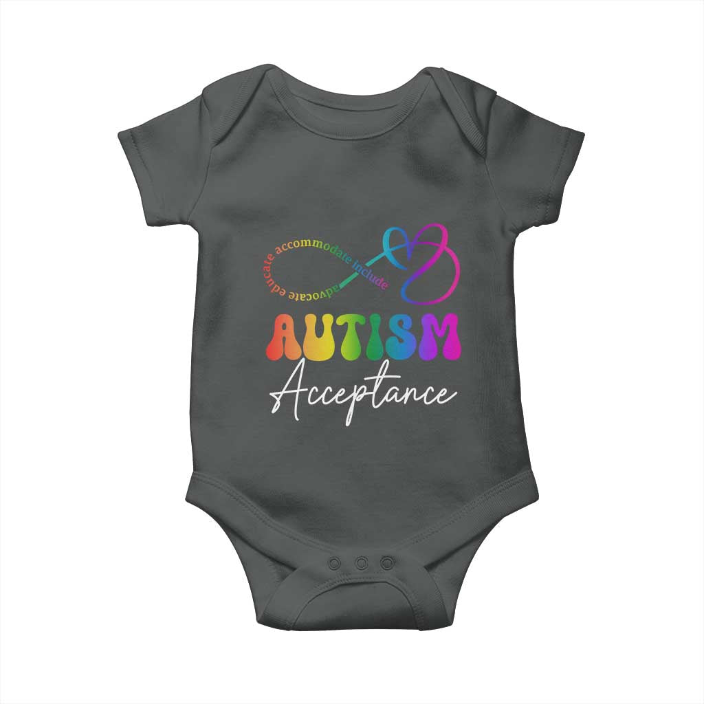 Autism Acceptance Baby Onesie Advocate Educate Accomodate Include Rainbow Infinity Symbol TS02 Dark Heather Print Your Wear