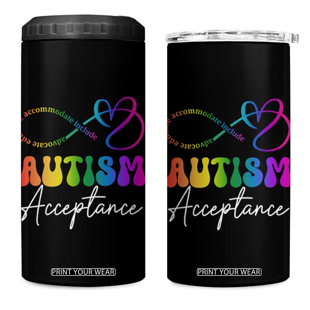Autism Acceptance 4 in 1 Can Cooler Tumbler Advocate Educate Accomodate Include Rainbow Infinity Symbol TS02 One Size: 16 oz Black Print Your Wear