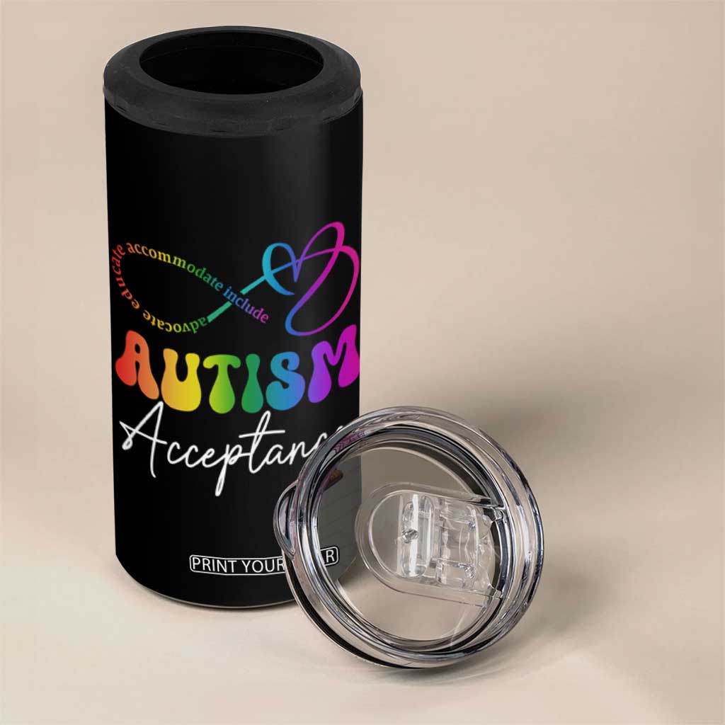Autism Acceptance 4 in 1 Can Cooler Tumbler Advocate Educate Accomodate Include Rainbow Infinity Symbol TS02 Print Your Wear