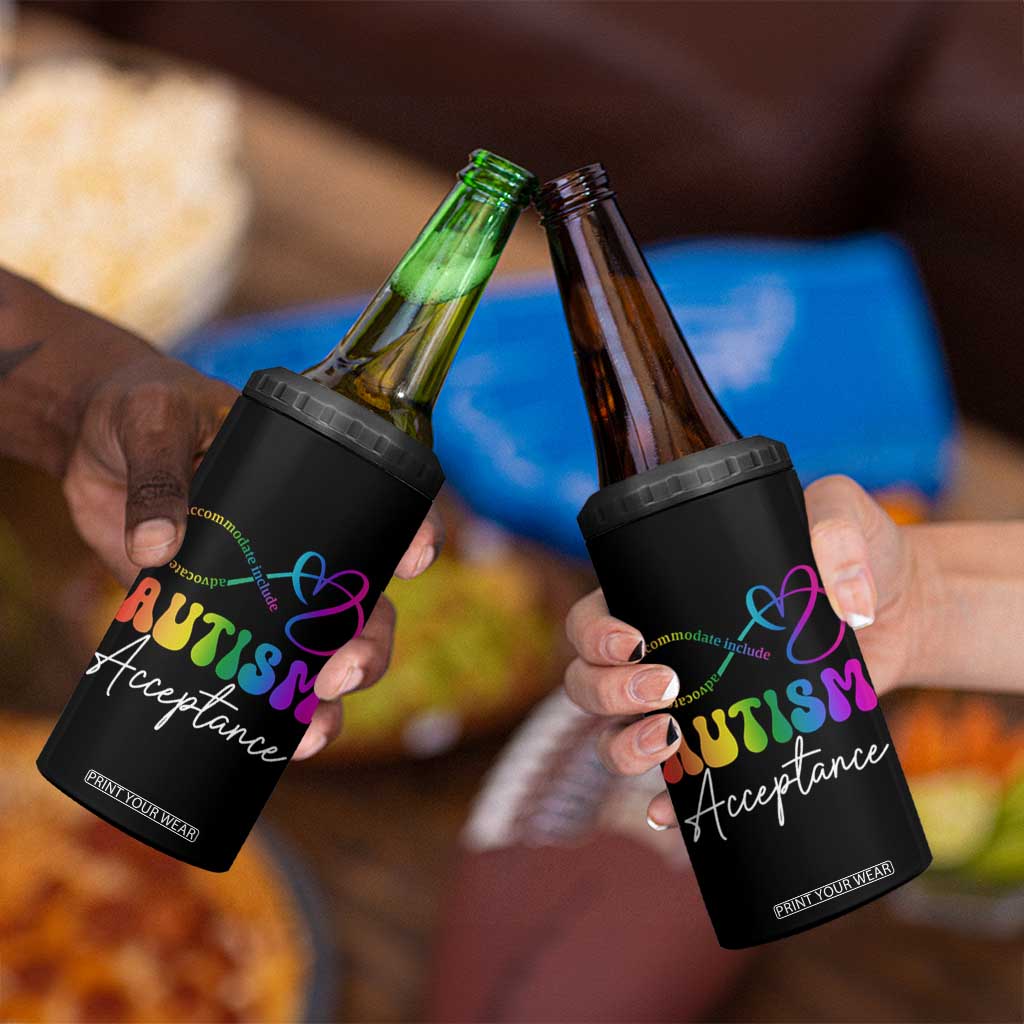 Autism Acceptance 4 in 1 Can Cooler Tumbler Advocate Educate Accomodate Include Rainbow Infinity Symbol TS02 Print Your Wear