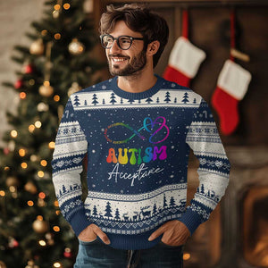 Autism Acceptance Ugly Christmas Sweater Advocate Educate Accomodate Include Rainbow Infinity Symbol TS02 Navy Beige Print Your Wear