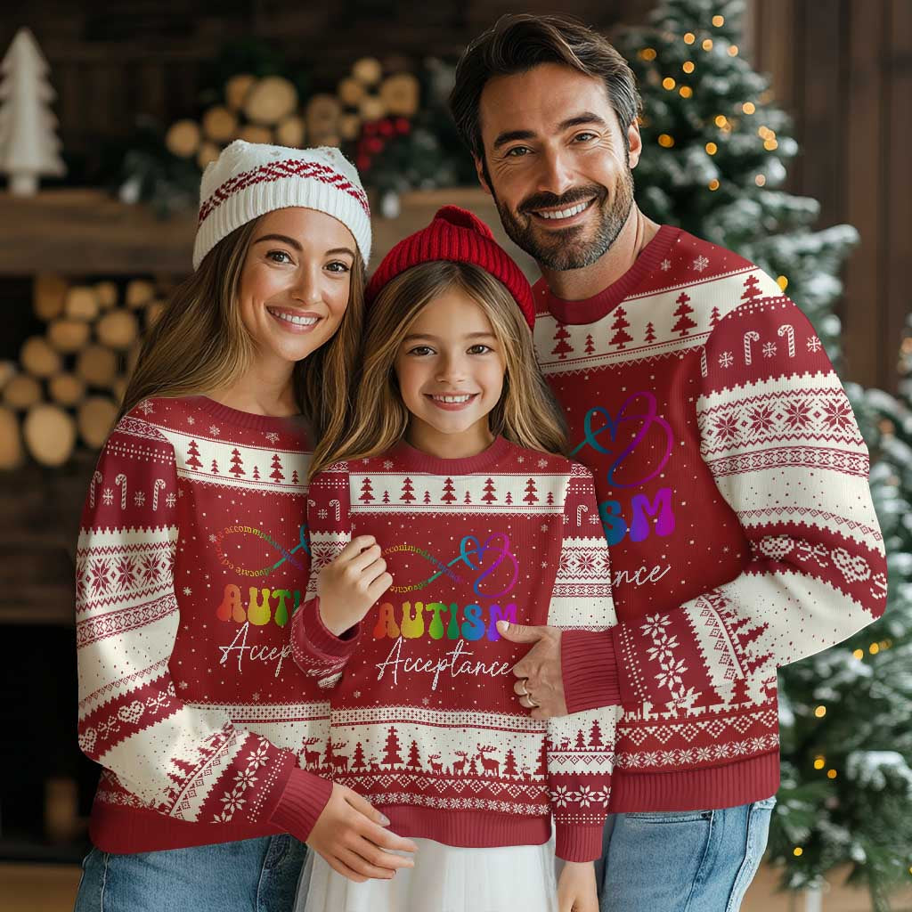 Autism Acceptance Ugly Christmas Sweater Advocate Educate Accomodate Include Rainbow Infinity Symbol TS02 Red Beige Print Your Wear