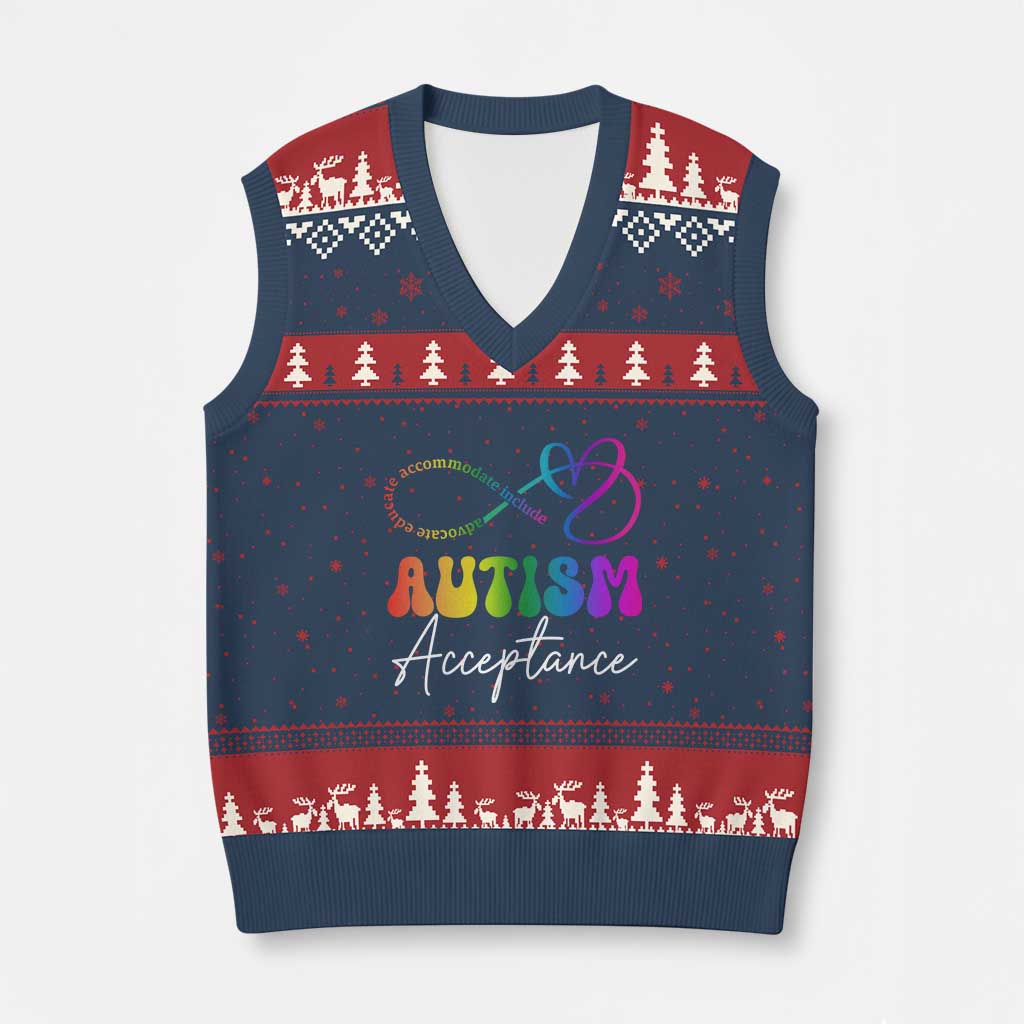 Autism Acceptance V-Neck Knit Sweater Vest Advocate Educate Accomodate Include Rainbow Infinity Symbol TS02 Navy Red Print Your Wear