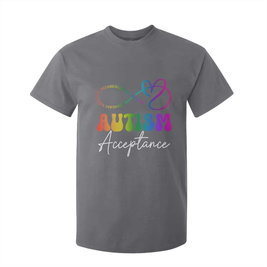 Autism Acceptance T Shirt For Kid Advocate Educate Accomodate Include Rainbow Infinity Symbol TS02 Charcoal Print Your Wear