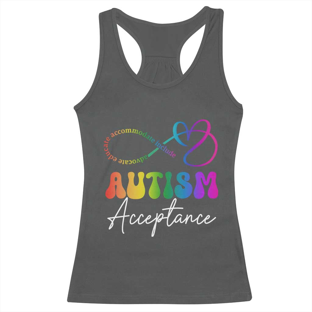Autism Acceptance Racerback Tank Top Advocate Educate Accomodate Include Rainbow Infinity Symbol TS02 Dark Heather Print Your Wear