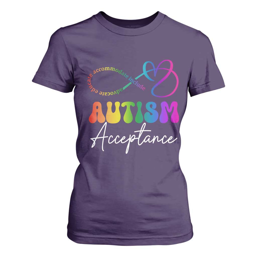 Autism Acceptance T Shirt For Women Advocate Educate Accomodate Include Rainbow Infinity Symbol TS02 Purple Print Your Wear