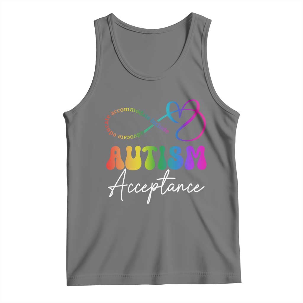 Autism Acceptance Tank Top Advocate Educate Accomodate Include Rainbow Infinity Symbol TS02 Black Heather Print Your Wear