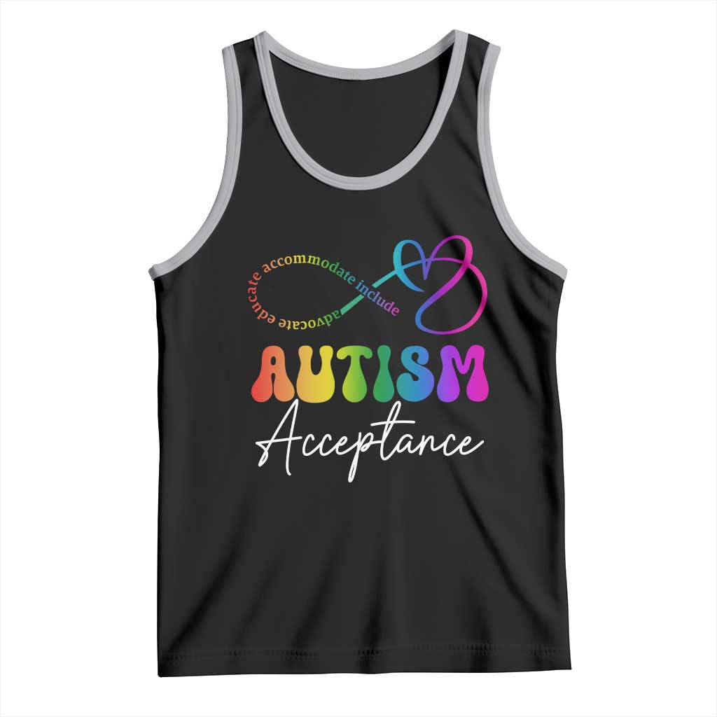 Autism Acceptance Tank Top Advocate Educate Accomodate Include Rainbow Infinity Symbol TS02 Black Athletic Heather Print Your Wear