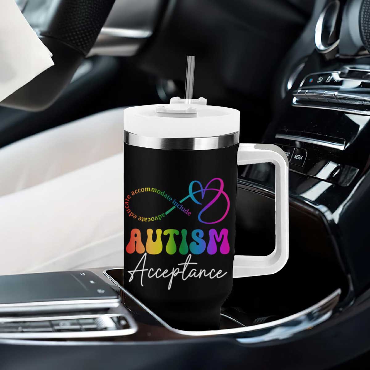 Autism Acceptance Tumbler With Handle Advocate Educate Accomodate Include Rainbow Infinity Symbol TS02 Print Your Wear
