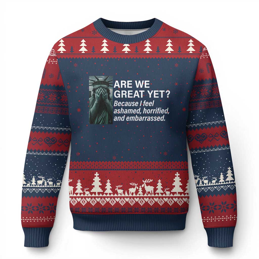 Are We Great Yet Because I Feel Ashamed Ugly Christmas Sweater Horrified Embarrassed Crying Statue of Liberty TS02 Navy Red Print Your Wear