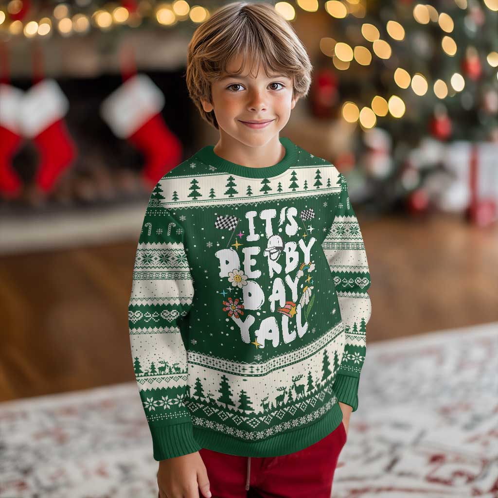 It's Derby Day Y'All Ugly Christmas Sweater Retro Groovy KY Horse Racing TS02 Forest Green Beige Print Your Wear