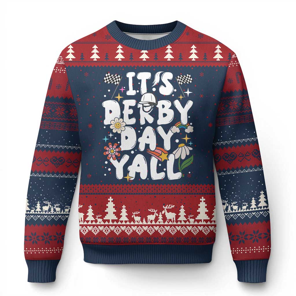 It's Derby Day Y'All Ugly Christmas Sweater Retro Groovy KY Horse Racing TS02 Navy Red Print Your Wear