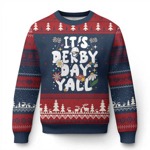 It's Derby Day Y'All Ugly Christmas Sweater Retro Groovy KY Horse Racing TS02 Navy Red Print Your Wear