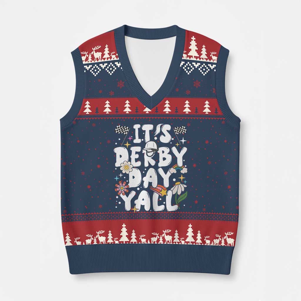 It's Derby Day Y'All V-Neck Knit Sweater Vest Retro Groovy KY Horse Racing TS02 Navy Red Print Your Wear