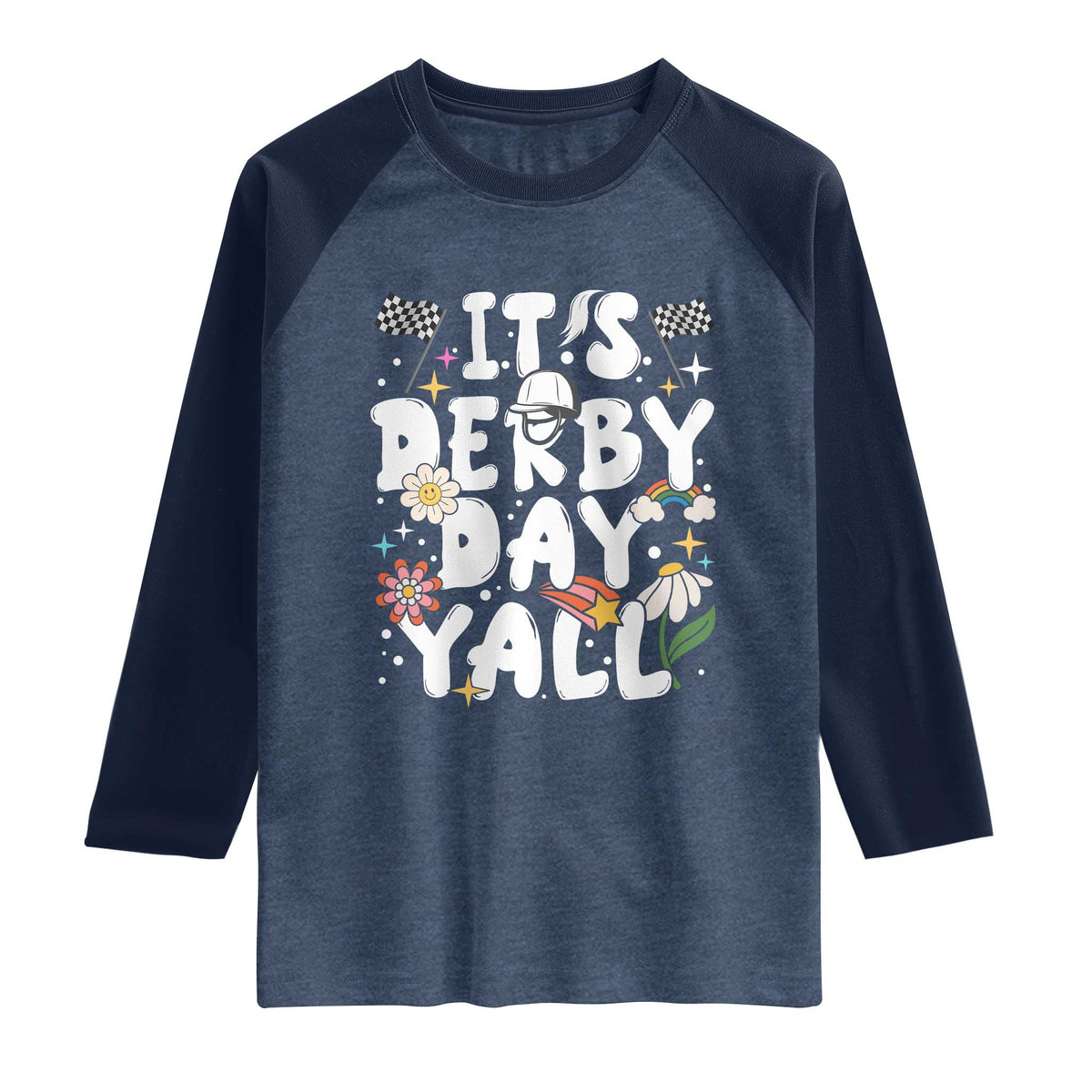 It's Derby Day Y'All Raglan Shirt Retro Groovy KY Horse Racing TS02 Heather Denim Navy Print Your Wear