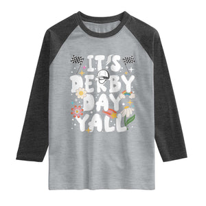 It's Derby Day Y'All Raglan Shirt Retro Groovy KY Horse Racing TS02 Heather Gray Heather Charcoal Print Your Wear