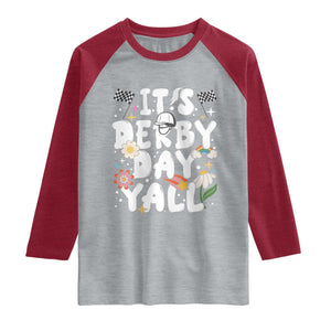It's Derby Day Y'All Raglan Shirt Retro Groovy KY Horse Racing TS02 Heather Gray Heather Red Print Your Wear