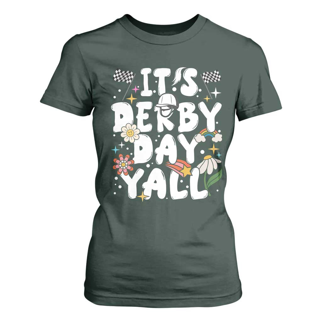 It's Derby Day Y'All T Shirt For Women Retro Groovy KY Horse Racing TS02 Dark Forest Green Print Your Wear