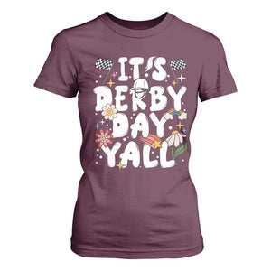 It's Derby Day Y'All T Shirt For Women Retro Groovy KY Horse Racing TS02 Maroon Print Your Wear