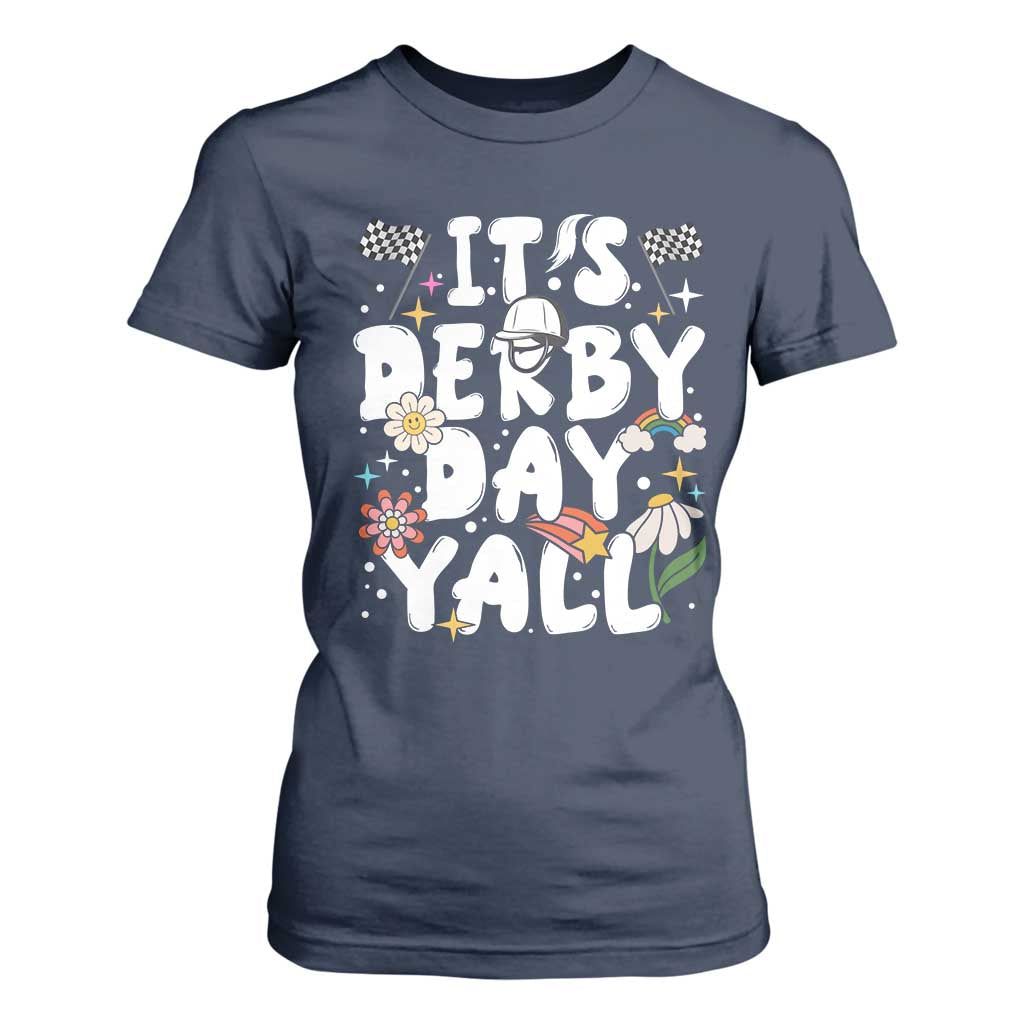 It's Derby Day Y'All T Shirt For Women Retro Groovy KY Horse Racing TS02 Navy Print Your Wear