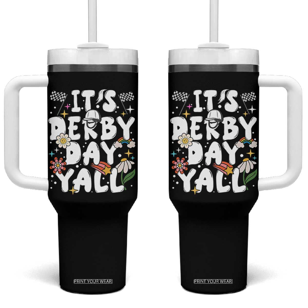 It's Derby Day Y'All Tumbler With Handle Retro Groovy KY Horse Racing TS02 One Size: 40 oz Black Print Your Wear