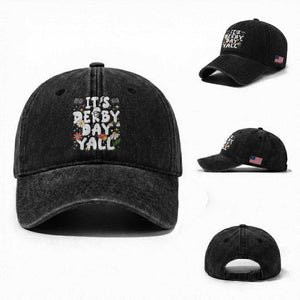 It's Derby Day Y'All Washed Cotton Baseball Cap Retro Groovy KY Horse Racing TS02 Washed Cap Universal Fit Black Print Your Wear