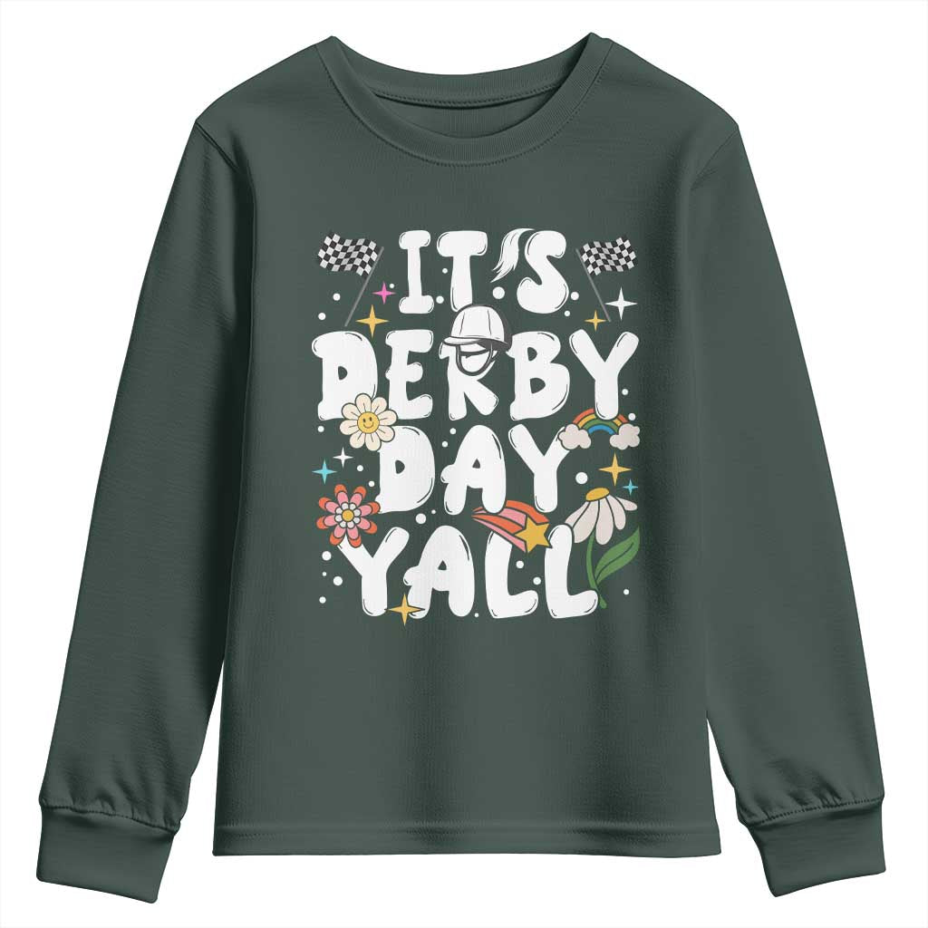 It's Derby Day Y'All Youth Sweatshirt Retro Groovy KY Horse Racing TS02 Dark Forest Green Print Your Wear