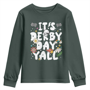 It's Derby Day Y'All Youth Sweatshirt Retro Groovy KY Horse Racing TS02 Dark Forest Green Print Your Wear